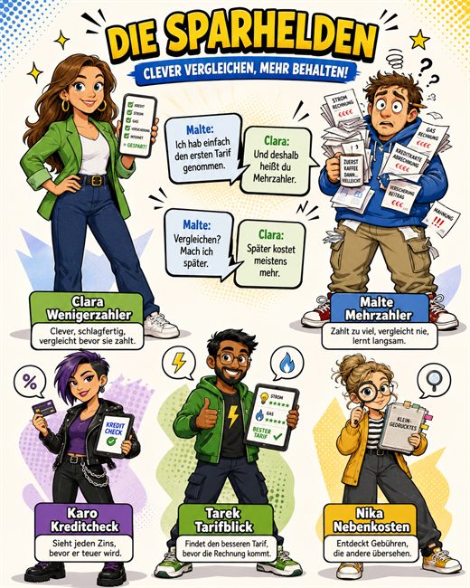 Die Sparhelden als Comic-Team im WenigerZahler-Stil